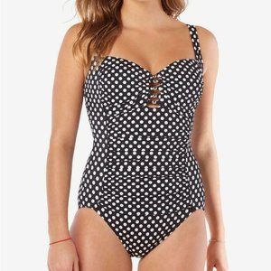 Swim Solutions black polka dot one piece swimsuit size 8 tummy control women new